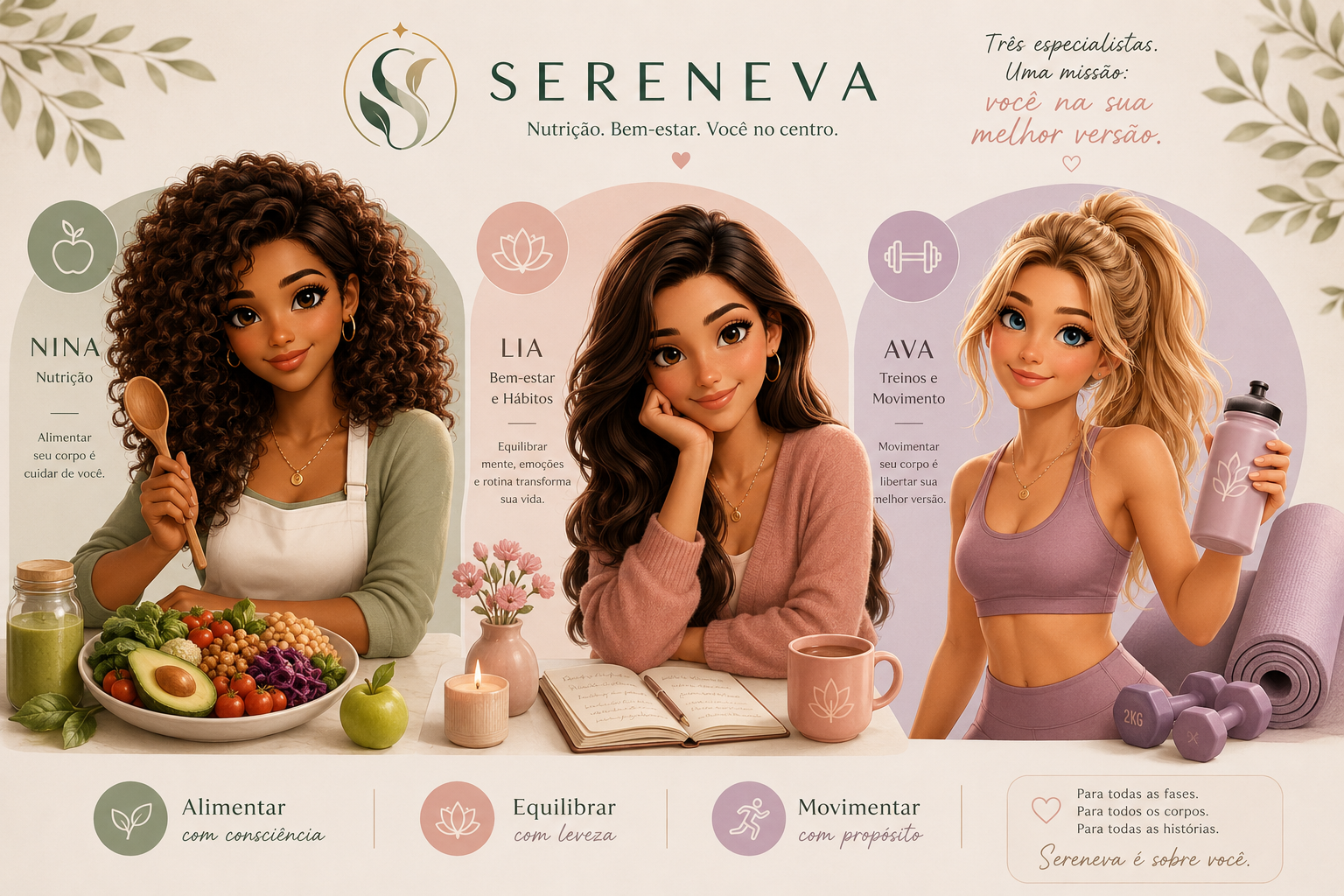 Mulheres de diferentes idades, corpos e tons de pele, juntas e acolhidas